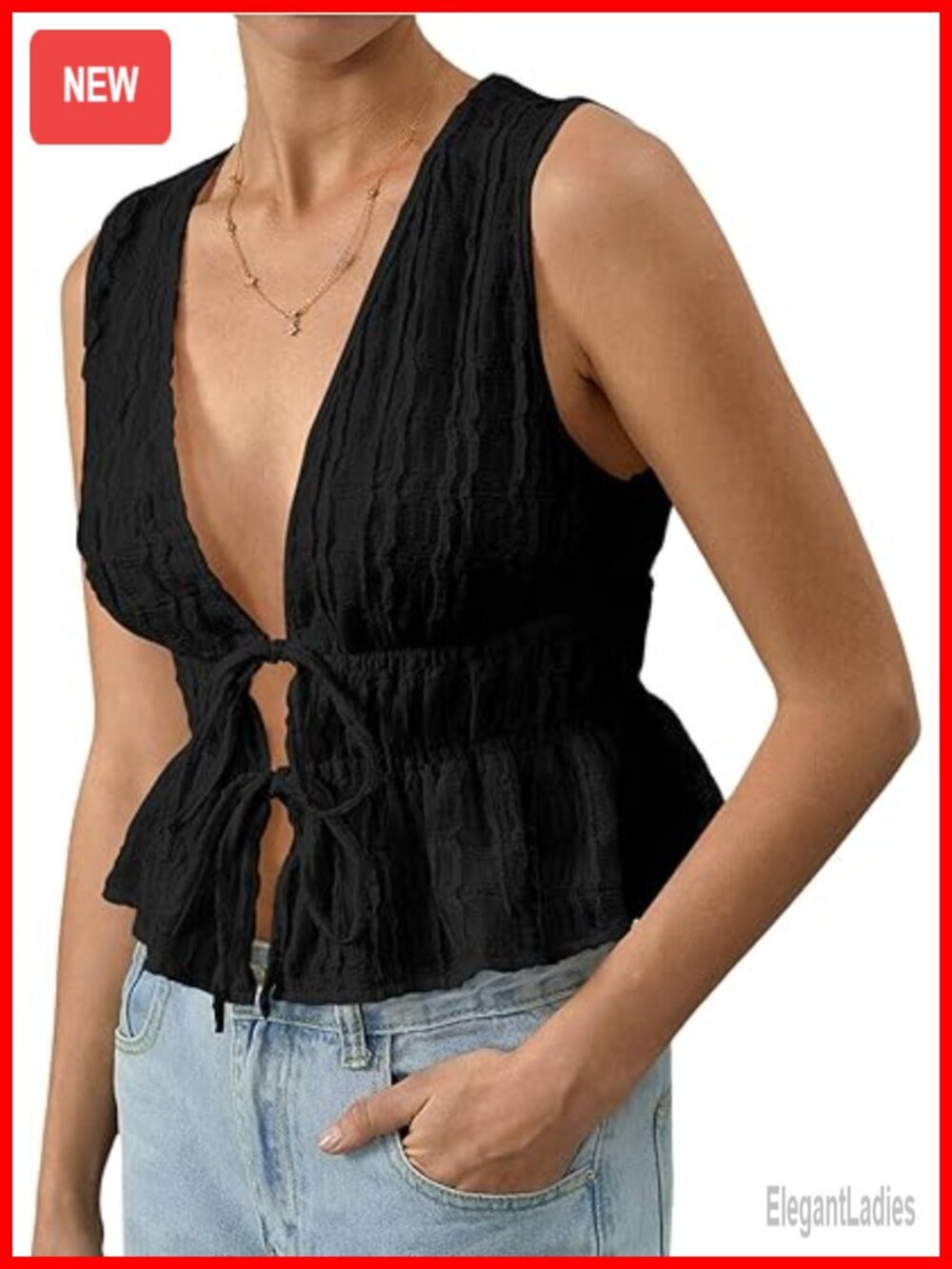 Tie Front Sleeveless Ruffle Hem Crop Tank Top
